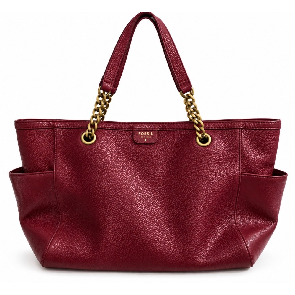 Fossil Dark Red Pebbled Leather Tote Bag Gold Chain Straps Shoulder Bag